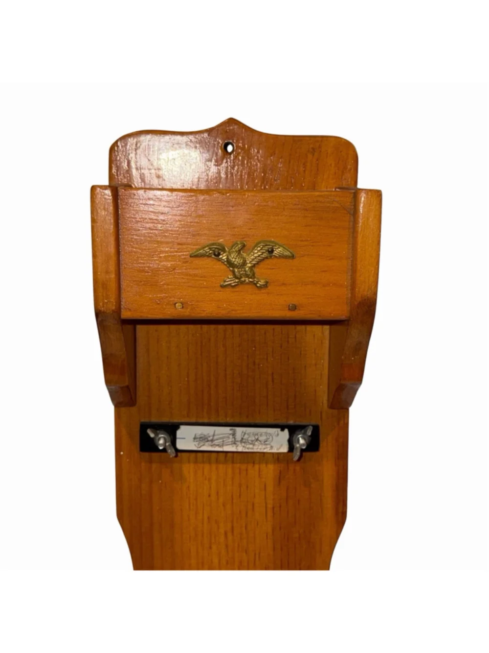 VTG‎ Wooden Wall Mount Mail Holder Key Rack Brass Eagle Early American Colonial